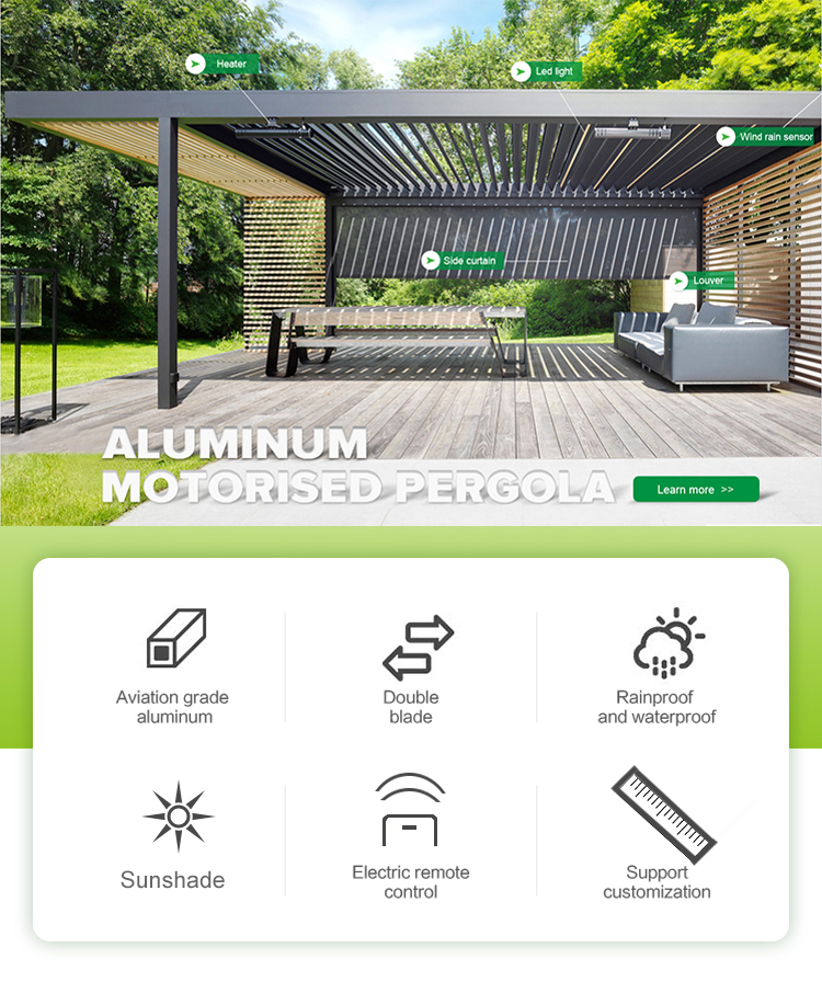 Motorized bioclimatic pergolas for outdoor spaces