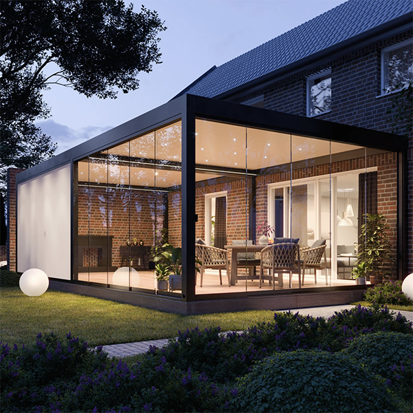 Pergola Outdoor Room with Side Curtains and Glass Door