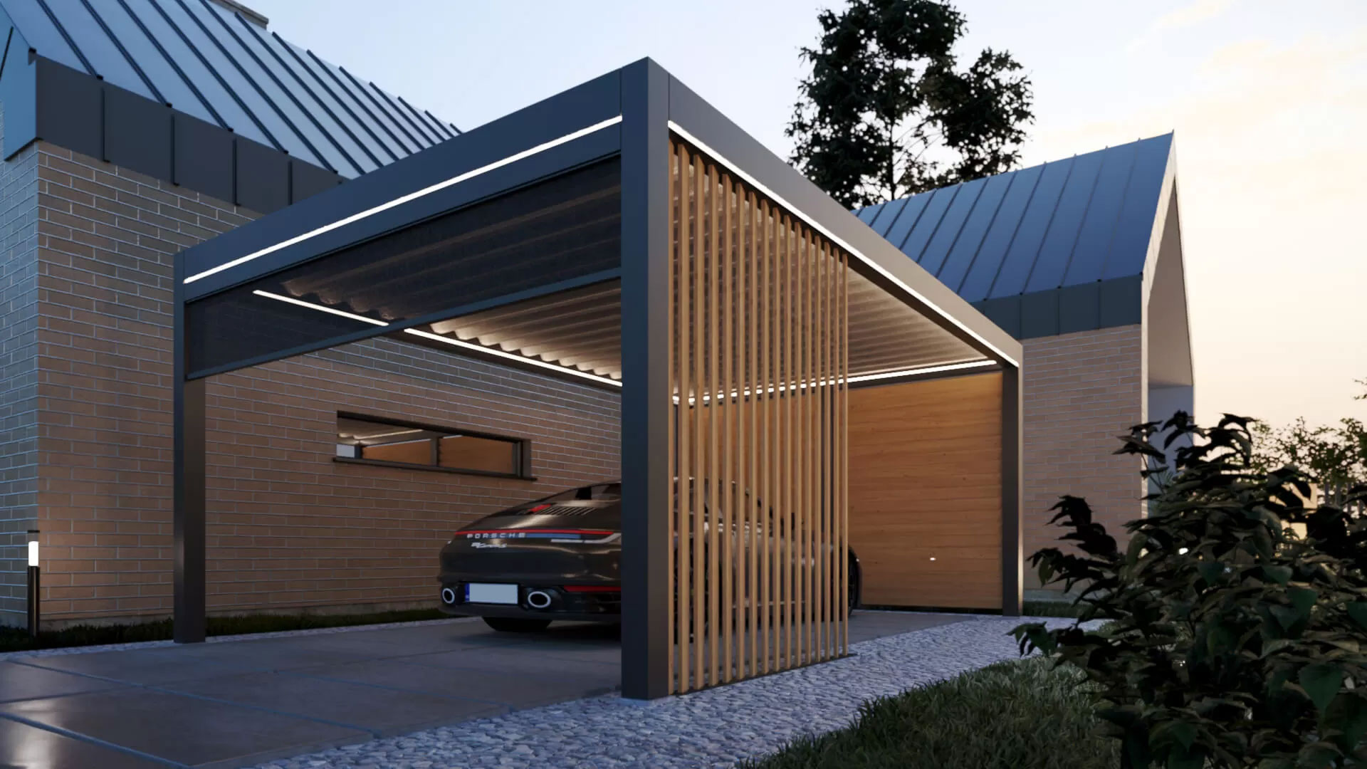 Pergola carport in front of garage