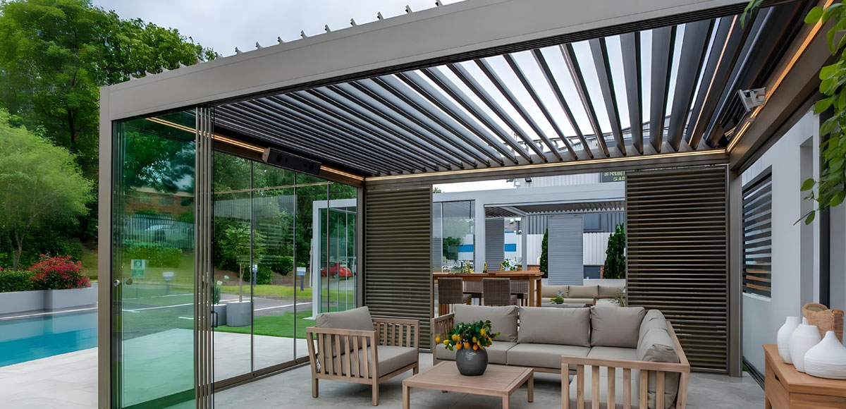 Weatherproof-Pergola-with-Sliding-Glass-Door
