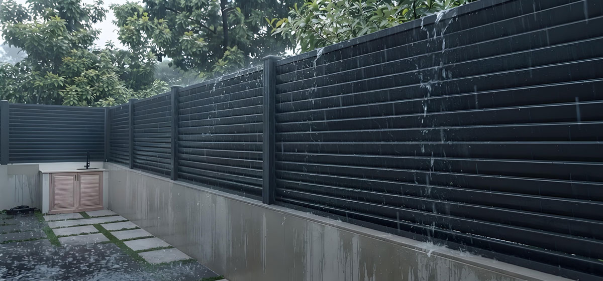 Weather-Resistant-Aluminum-Fence-in-the-Rain Weather-Resistant-Aluminum-Fence-in-the-Rain