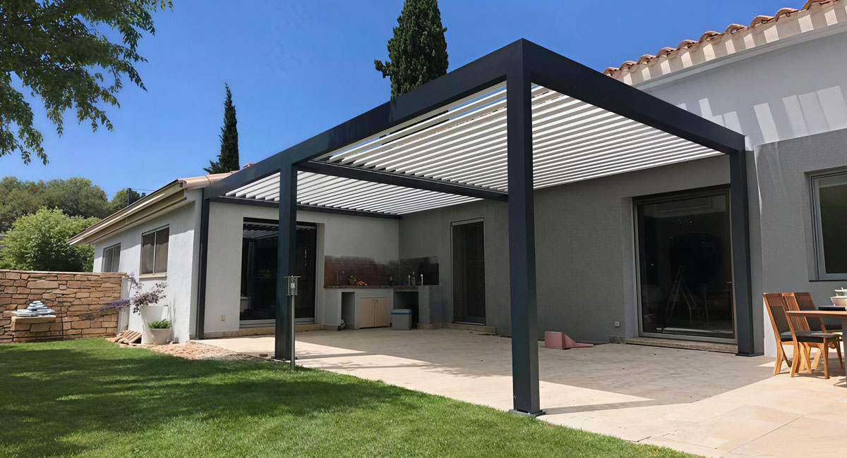 Wall-mounted-pergola-extending-an-outdoor-living-space Wall-mounted-pergola-extending-an-outdoor-living-space